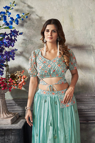 Sea Green Art Silk Thread With Sequins Embroidered Crop-Top Skirt ClothsVilla.com