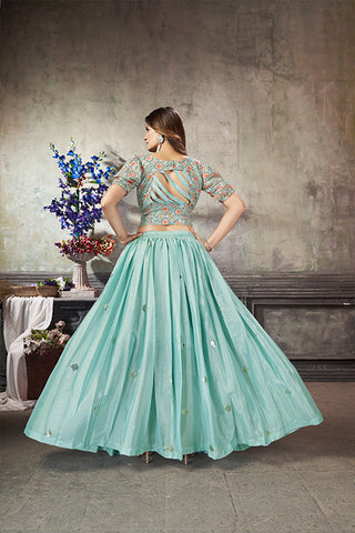 Sea Green Art Silk Thread With Sequins Embroidered Crop-Top Skirt ClothsVilla.com