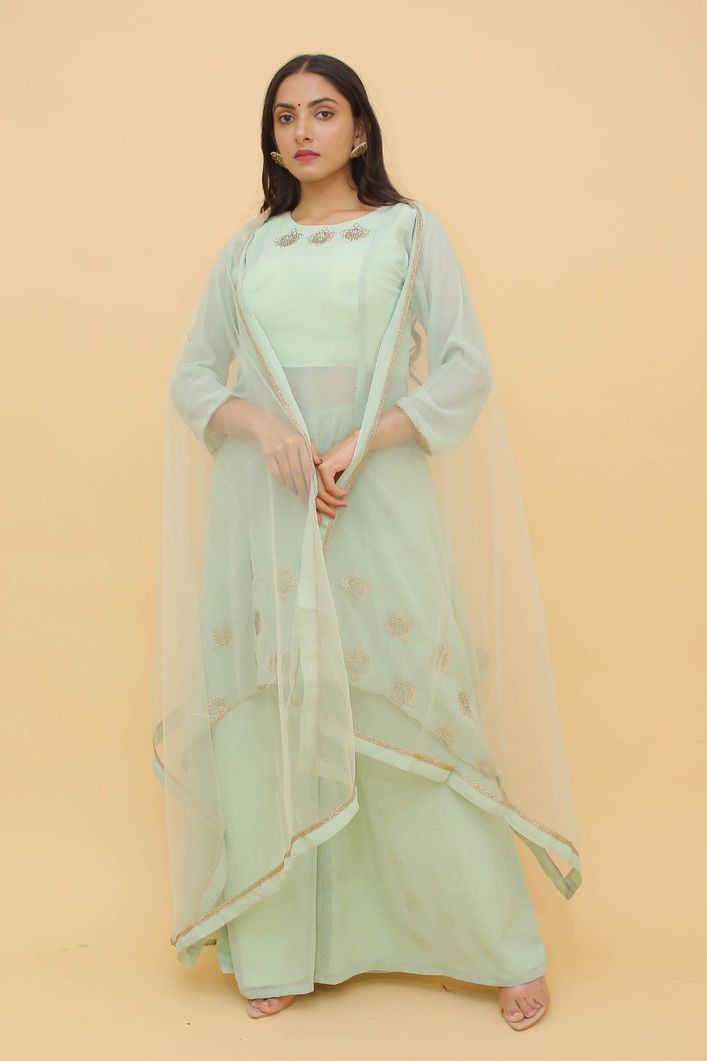Sea Green Pakistani Georgette Plazo Suit For Indian Festival & Weddings - Rubber Print Work, Swarovski Work Clothsvilla Main image