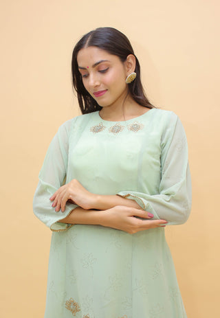 Sea Green Pakistani Georgette Plazo Suit For Indian Festival & Weddings - Rubber Print Work, Swarovski Work Clothsvilla