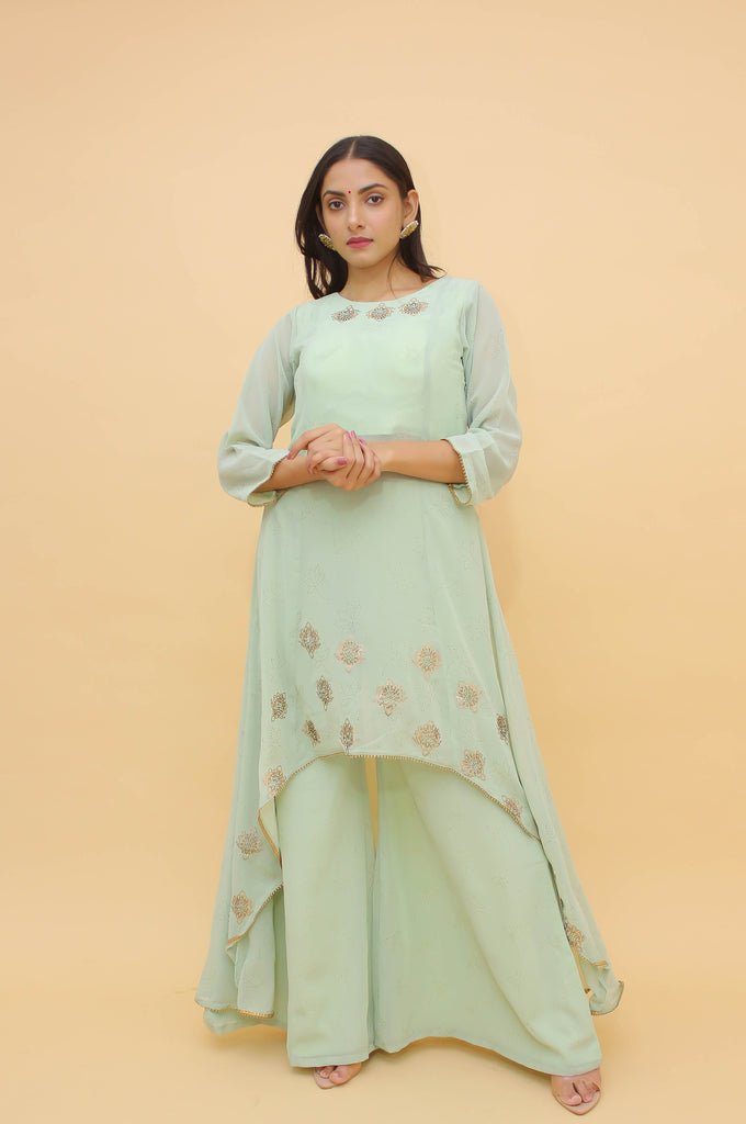 Sea Green Pakistani Georgette Plazo Suit For Indian Festival & Weddings - Rubber Print Work, Swarovski Work Clothsvilla