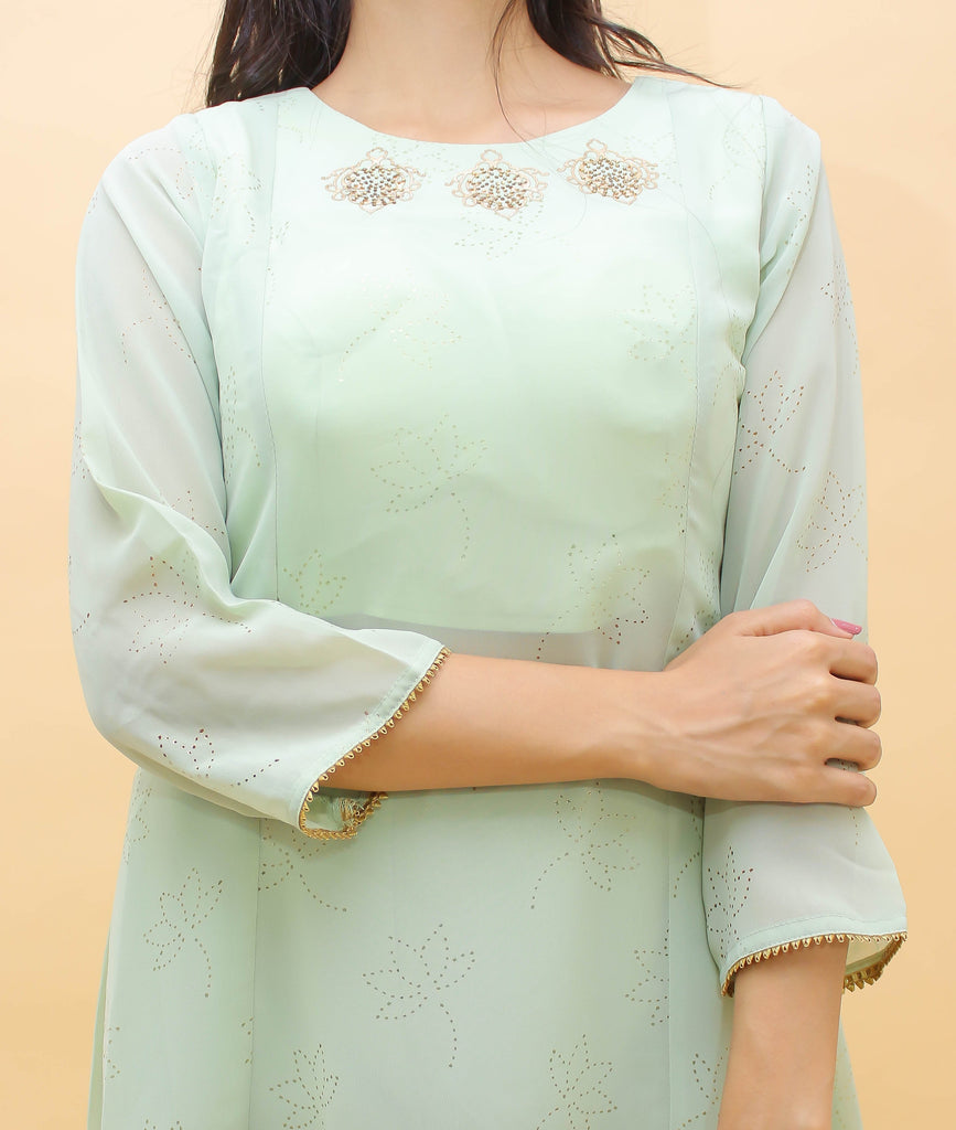 Sea Green Pakistani Georgette Plazo Suit For Indian Festival & Weddings - Rubber Print Work, Swarovski Work Clothsvilla