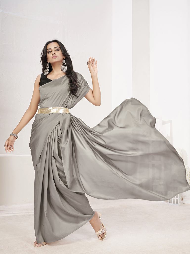Seal Grey Ready to Wear One Minute Lycra Saree ClothsVilla