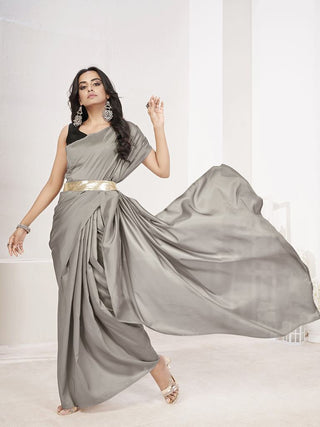 Seal Grey Ready to Wear One Minute Lycra Saree ClothsVilla