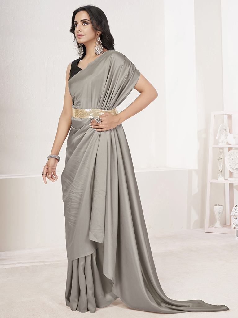 Seal Grey Ready to Wear One Minute Lycra Saree ClothsVilla