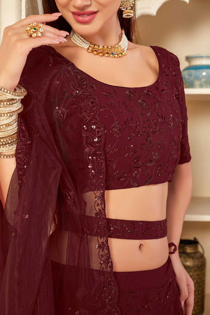 Seductive Maroon Thread And Sequins Embroidered Georgette Party Wear Lehenga ClothsVilla