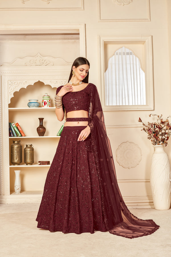 Seductive Maroon Thread And Sequins Embroidered Georgette Party Wear Lehenga ClothsVilla