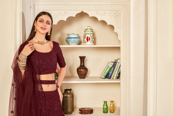 Seductive Maroon Thread And Sequins Embroidered Georgette Party Wear Lehenga ClothsVilla