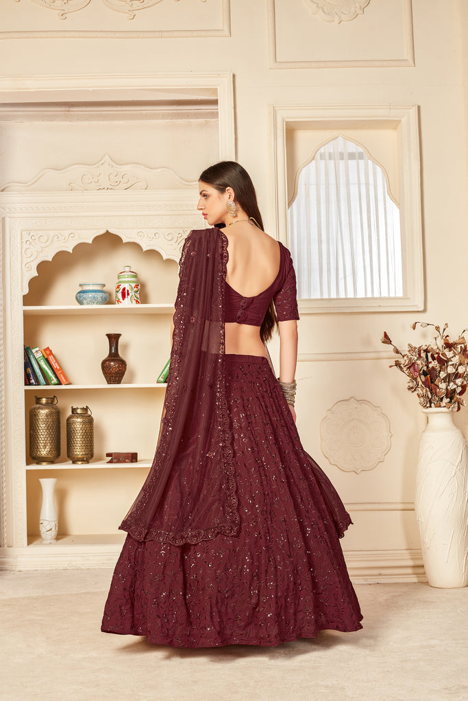 Seductive Maroon Thread And Sequins Embroidered Georgette Party Wear Lehenga ClothsVilla