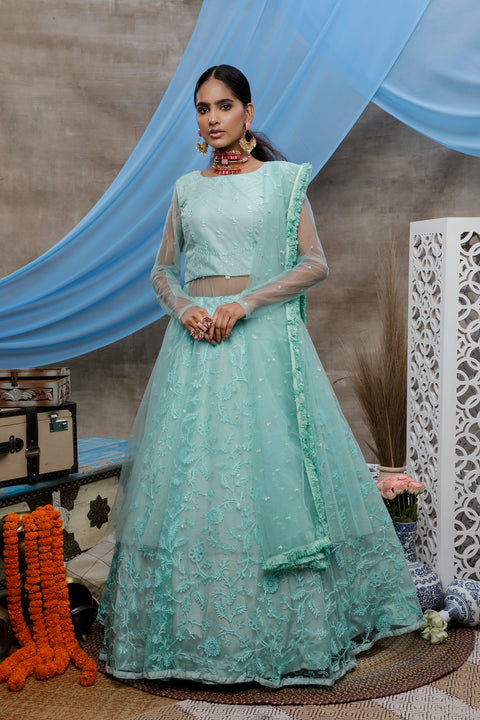 Seductive Mint Green Thread Embroidered With Stone Pasting Net Designer Gown With Dupatta Semi Stitched ClothsVilla Main image