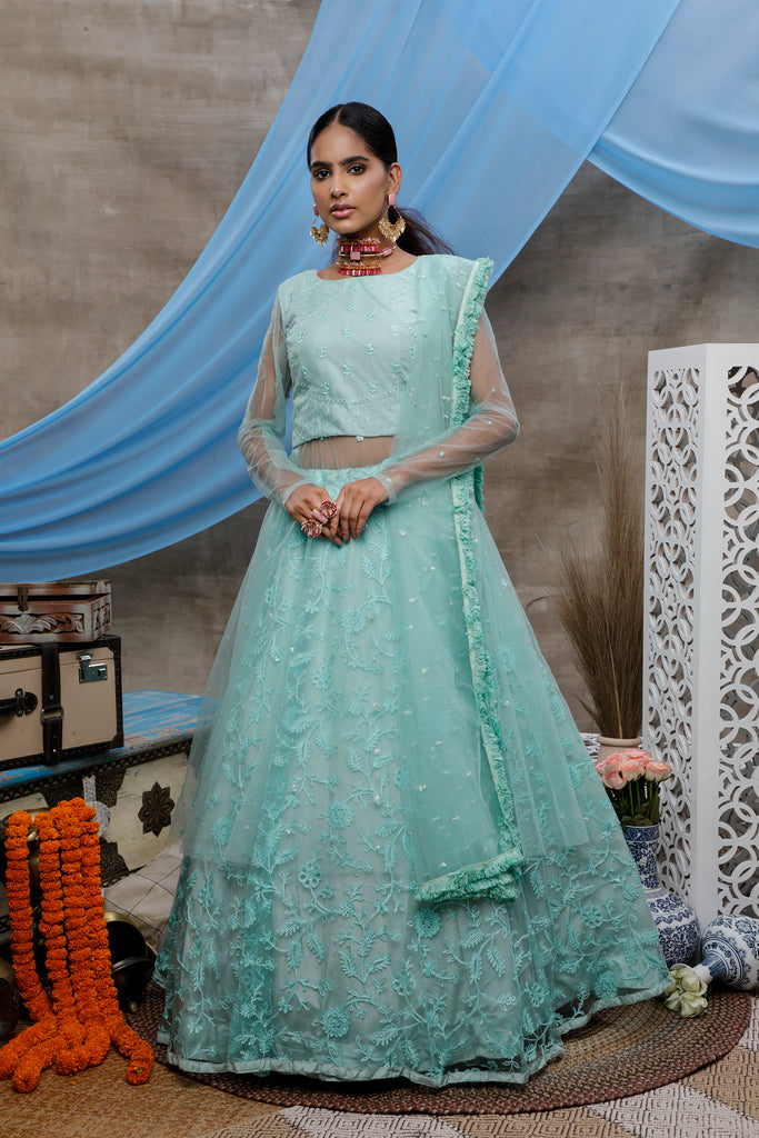 Seductive Mint Green Thread Embroidered With Stone Pasting Net Designer Gown With Dupatta Semi Stitched ClothsVilla