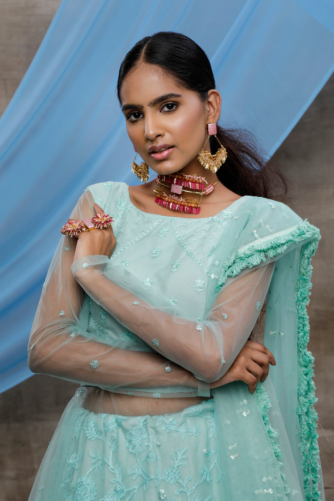Seductive Mint Green Thread Embroidered With Stone Pasting Net Designer Gown With Dupatta Semi Stitched ClothsVilla
