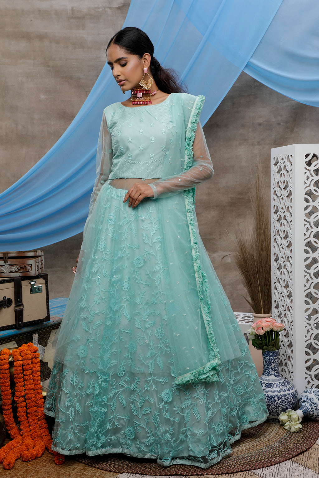 Seductive Mint Green Thread Embroidered With Stone Pasting Net Designer Gown With Dupatta Semi Stitched ClothsVilla