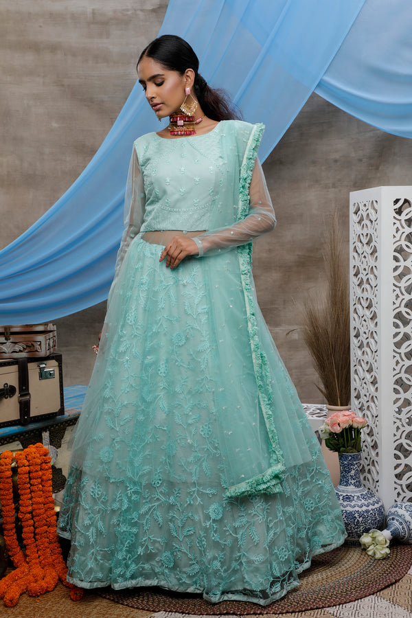 Seductive Mint Green Thread Embroidered With Stone Pasting Net Designer Gown With Dupatta Semi Stitched ClothsVilla