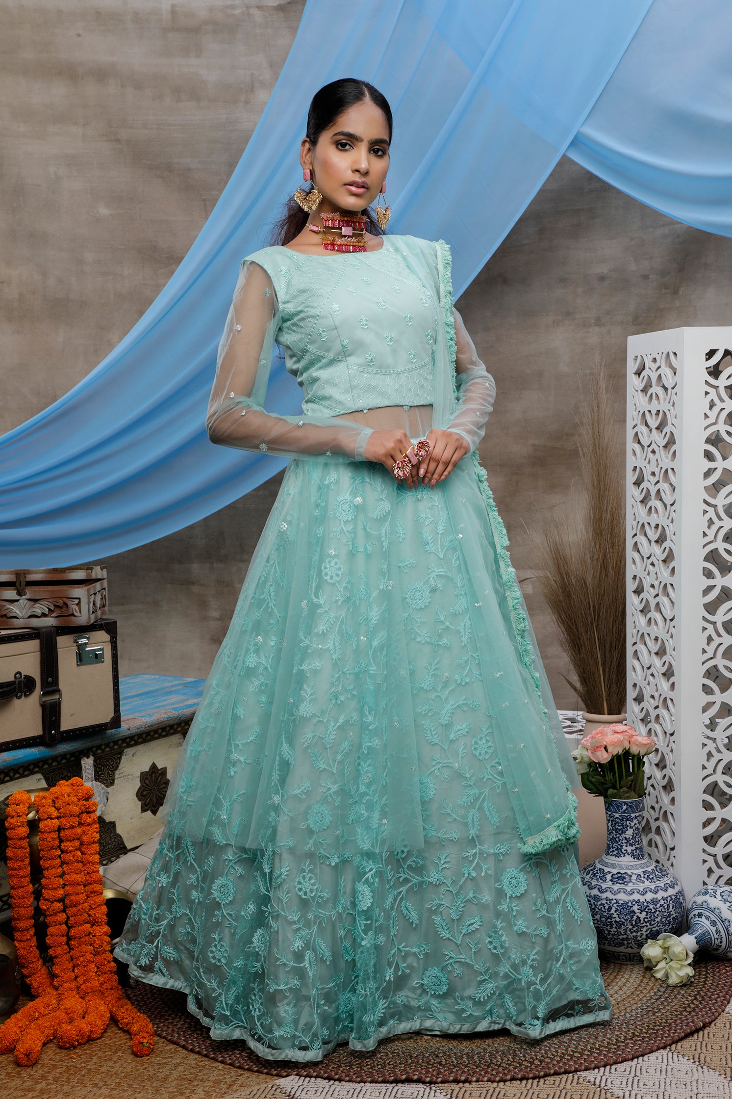 Seductive Mint Green Thread Embroidered With Stone Pasting Net Designer Gown With Dupatta Semi Stitched ClothsVilla