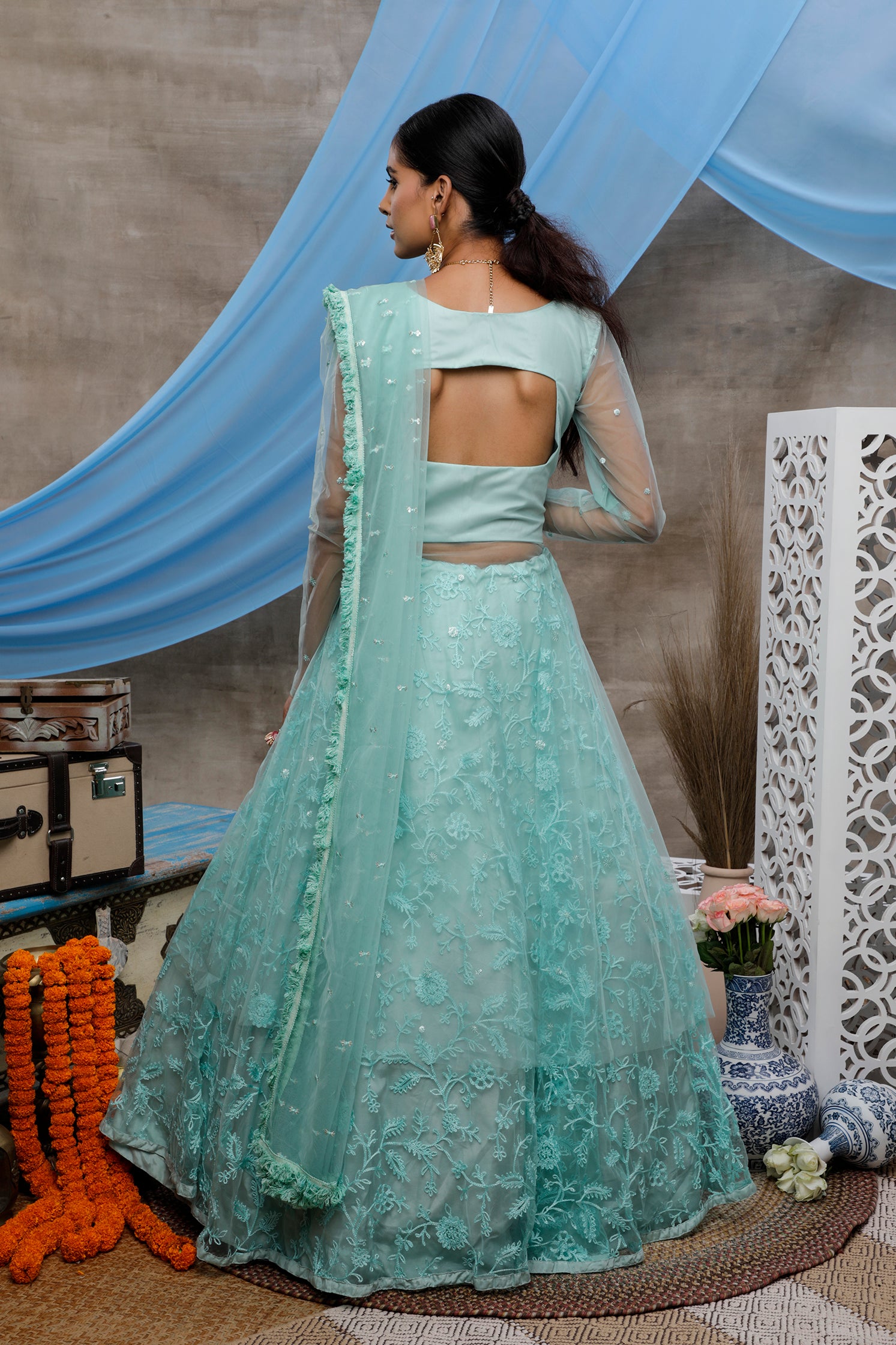 Seductive Mint Green Thread Embroidered With Stone Pasting Net Designer Gown With Dupatta Semi Stitched ClothsVilla