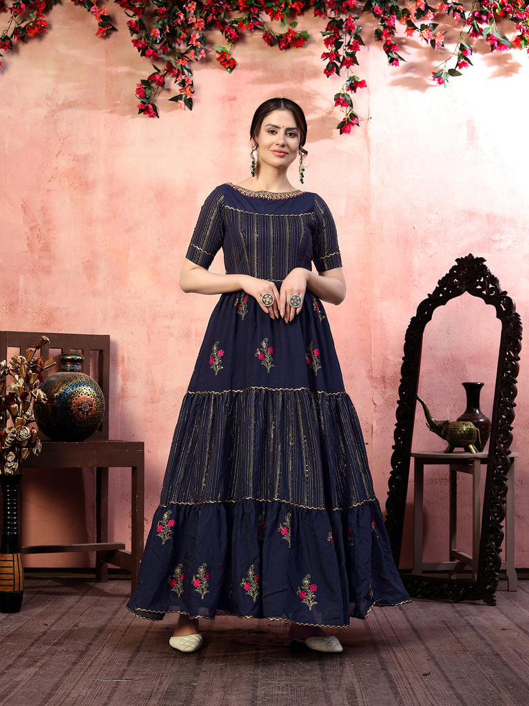 Seductive Navy-Blue Thread With Zari Lining Sequence Embroidered Silk Evening Long Gown Semi Stitched ClothsVilla