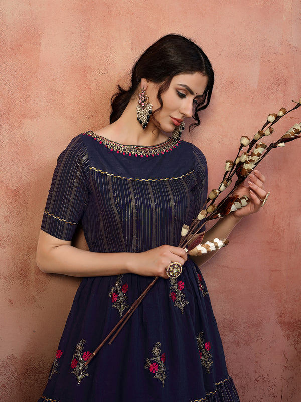 Seductive Navy-Blue Thread With Zari Lining Sequence Embroidered Silk Evening Long Gown Semi Stitched ClothsVilla