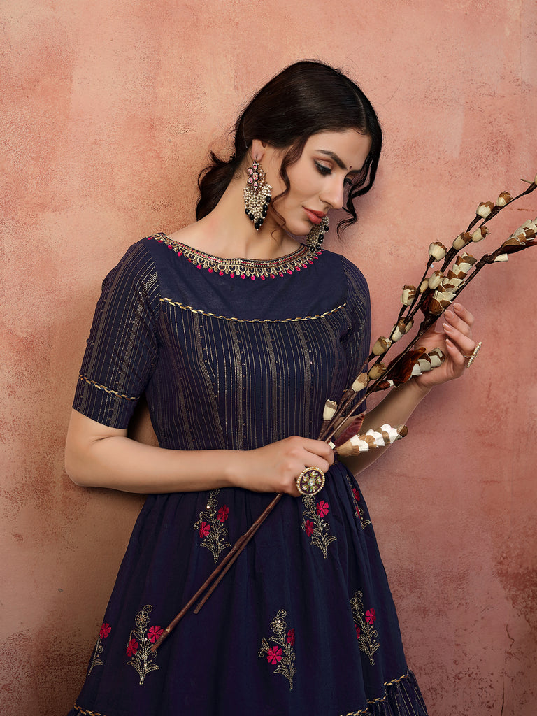 Seductive Navy-Blue Thread With Zari Lining Sequence Embroidered Silk Evening Long Gown Semi Stitched ClothsVilla
