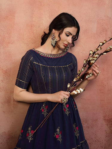 Seductive Navy-Blue Thread With Zari Lining Sequence Embroidered Silk Evening Long Gown Semi Stitched ClothsVilla