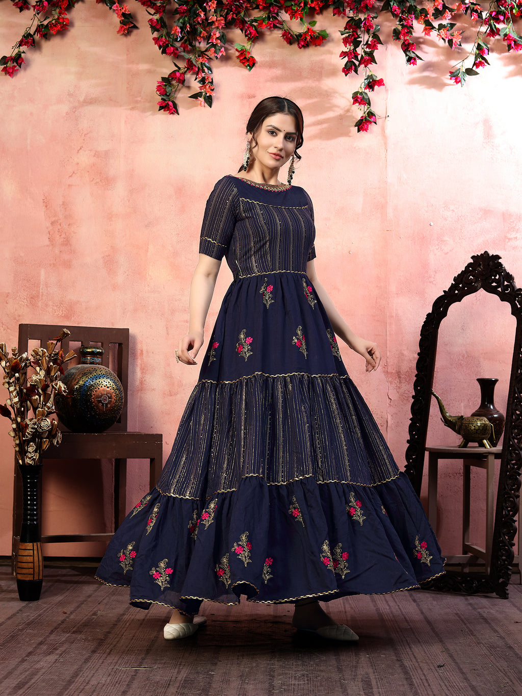 Seductive Navy-Blue Thread With Zari Lining Sequence Embroidered Silk Evening Long Gown Semi Stitched ClothsVilla
