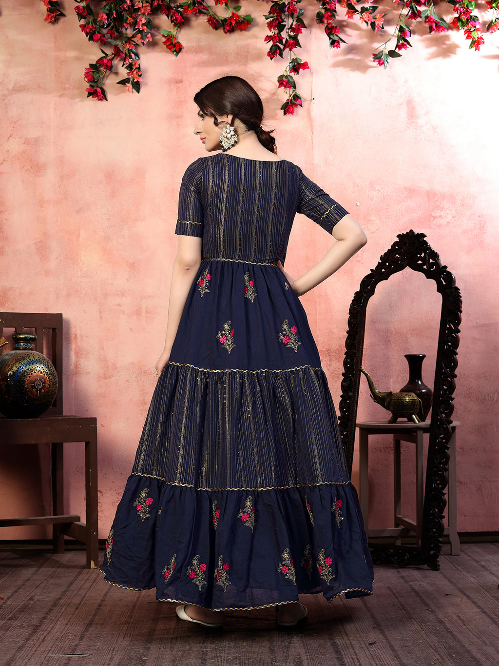 Seductive Navy-Blue Thread With Zari Lining Sequence Embroidered Silk Evening Long Gown Semi Stitched ClothsVilla