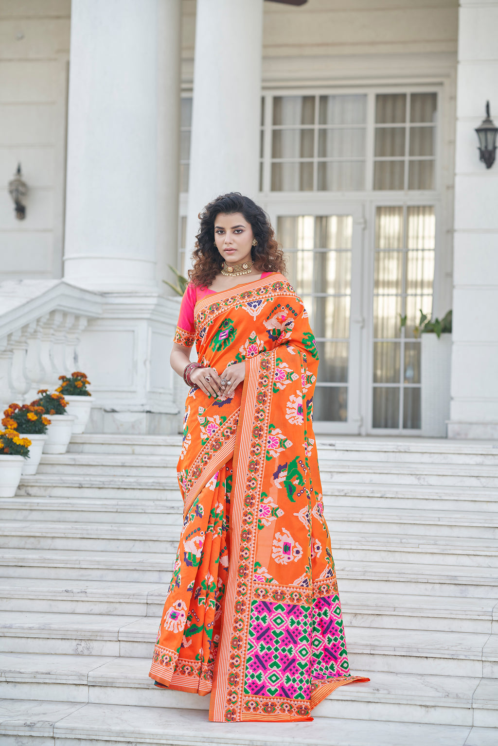 Seductive Orange Weaving Patola Silk Wedding Wear Saree ClothsVilla