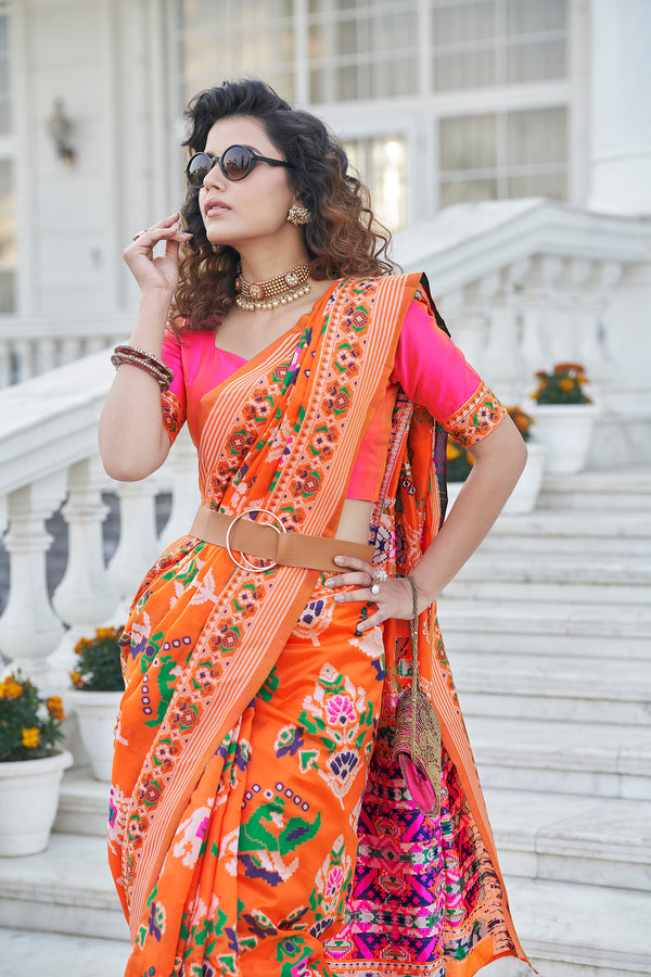 Seductive Orange Weaving Patola Silk Wedding Wear Saree ClothsVilla
