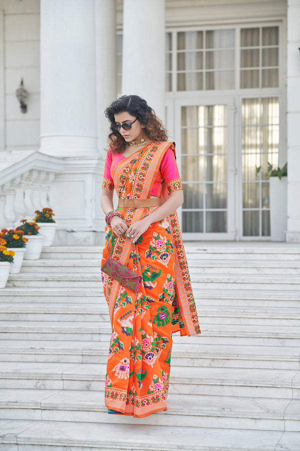 Seductive Orange Weaving Patola Silk Wedding Wear Saree ClothsVilla