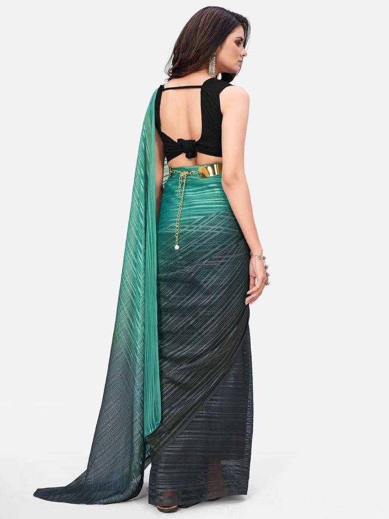 Sensational Teal Striped  Ready to Wear Saree ClothsVilla