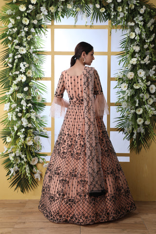 Sensational Peach Colored Soft Net Base Festive Wear Designer Gown ClothsVilla