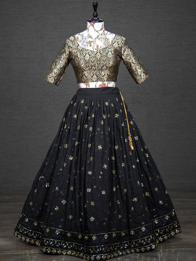 Black Color Sequins And Thread Embroidery Work Georgette Lehenga Choli Set Clothsvilla