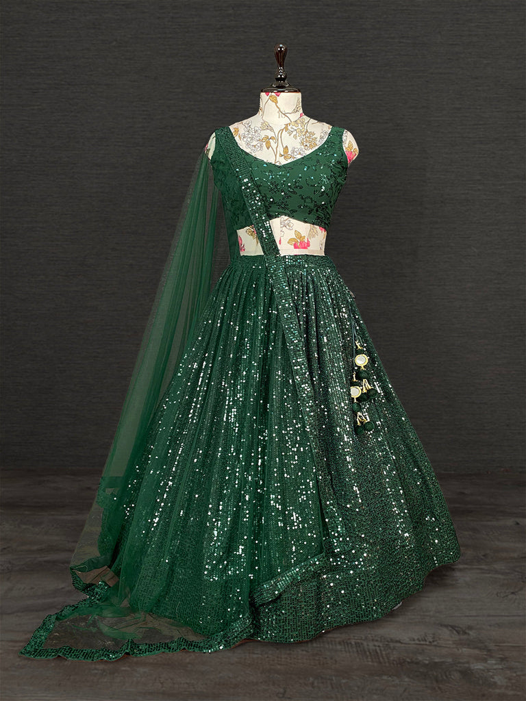 Green Color Sequins Embroidery Work Georgette Party Wear Lehenga Choli With Net Dupatta Clothsvilla