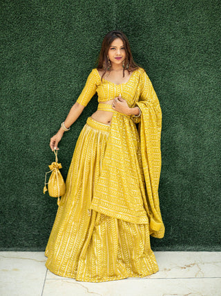 Yellow Color Sequins Embroidery Work Georgette Haldi Lehenga Choli With Batwa Clothsvilla