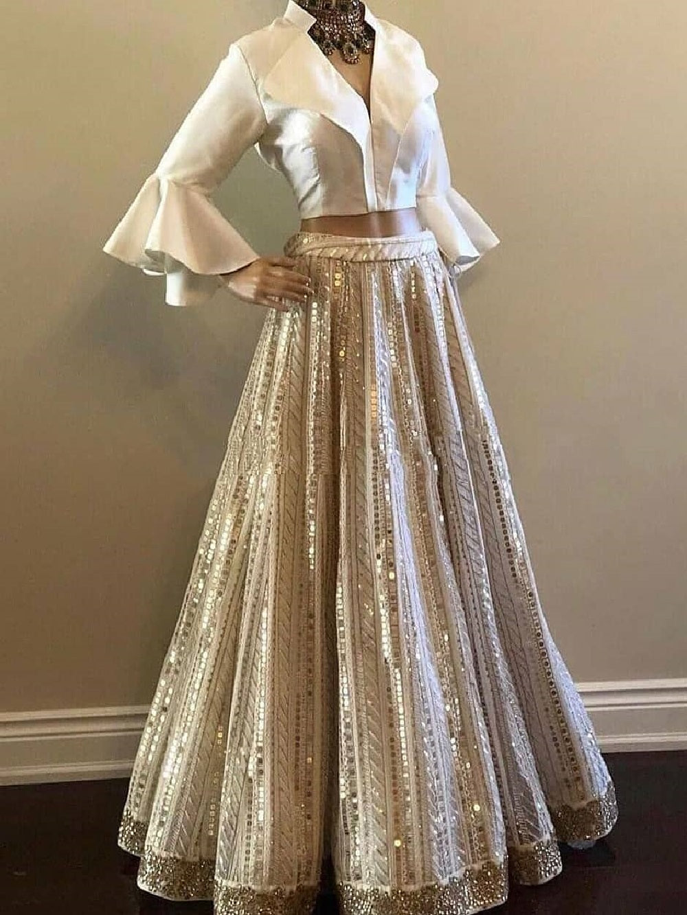 Off-White Color Sequins Work Taffeta Crop-Top Lehenga Clothsvilla