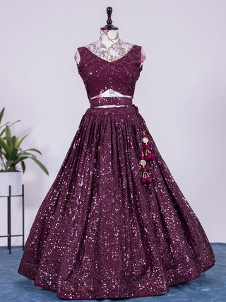 Wine Color Sequins and Thread Embroidery Work Georgette Lehenga Clothsvilla