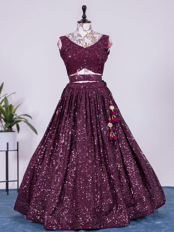 Wine Color Sequins and Thread Embroidery Work Georgette Lehenga Clothsvilla