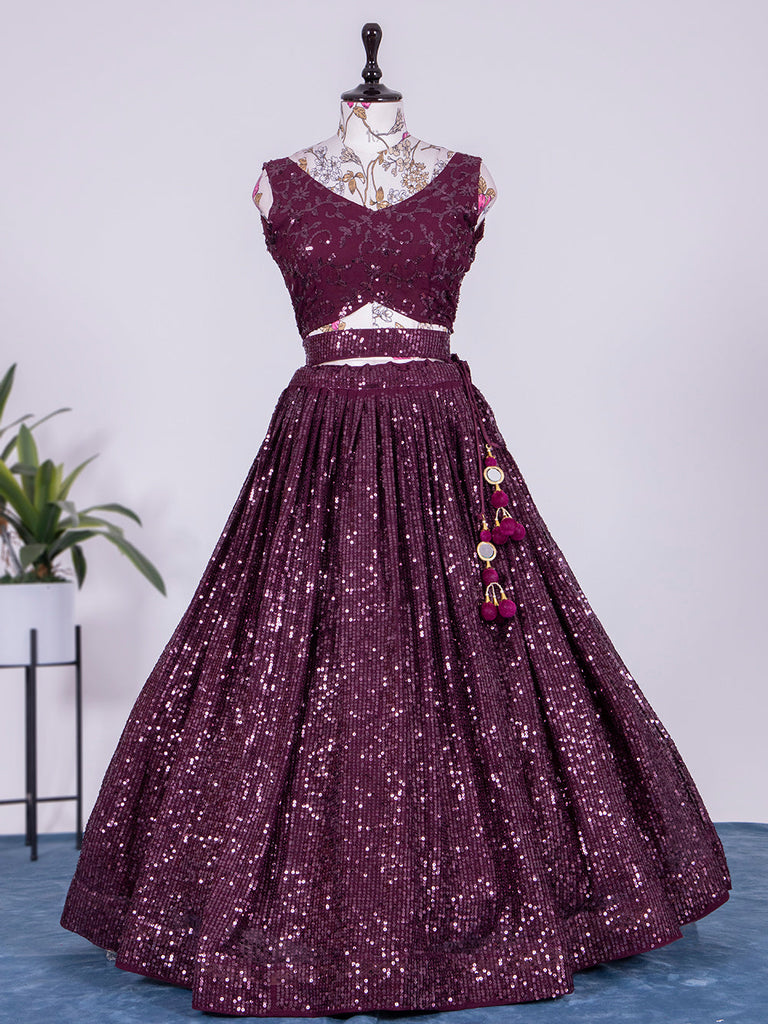 Wine Color Sequins and Thread Embroidery Work Georgette Lehenga Clothsvilla