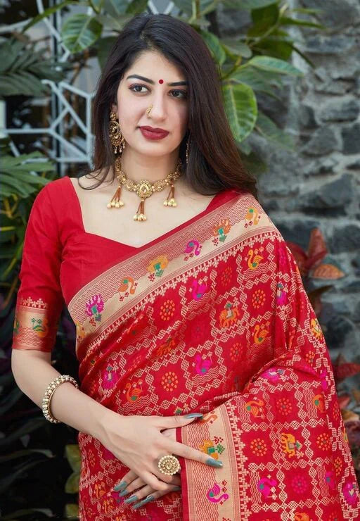 Impressive Red Soft Banarasi Silk Saree With Redolent Blouse Piece Shriji