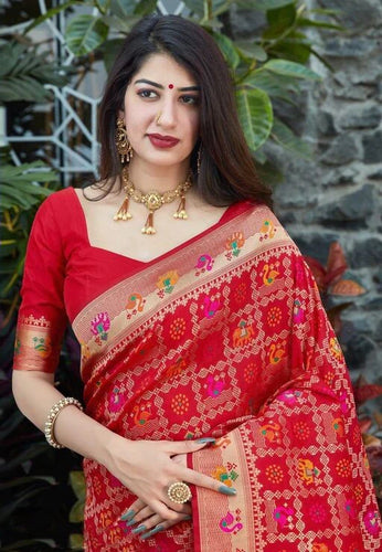 Impressive Red Soft Banarasi Silk Saree With Redolent Blouse Piece Shriji