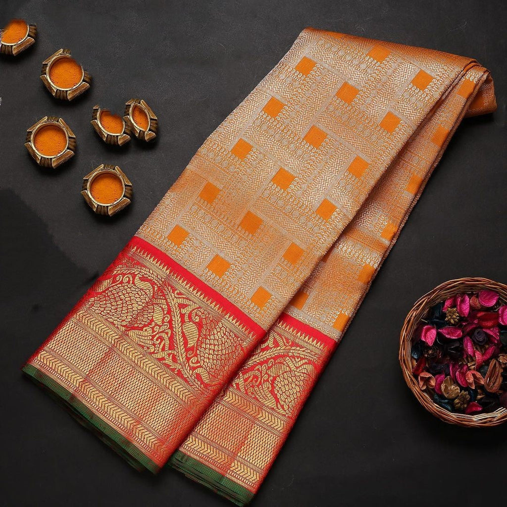 Gratifying Orange Soft Banarasi Silk Saree With Two Attractive Blouse Piece Shriji