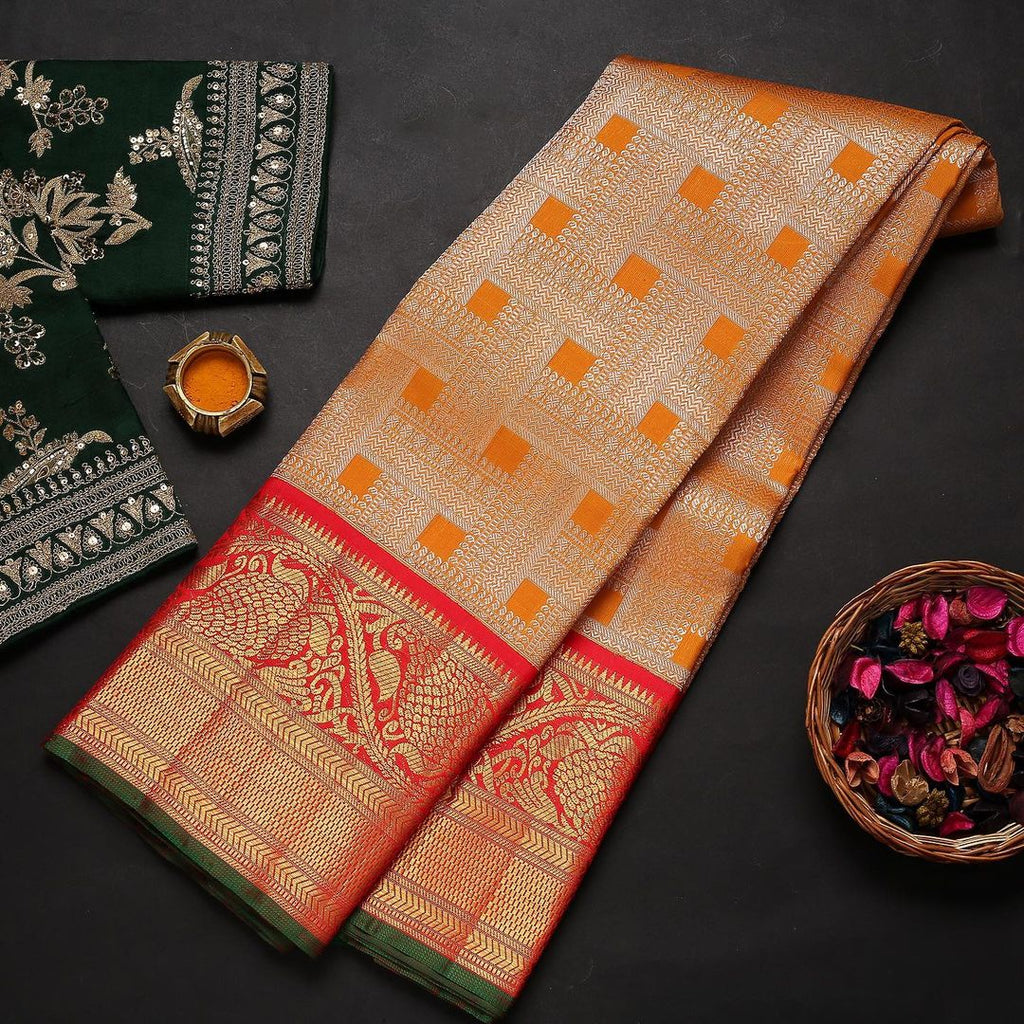 Gratifying Orange Soft Banarasi Silk Saree With Two Attractive Blouse Piece Shriji