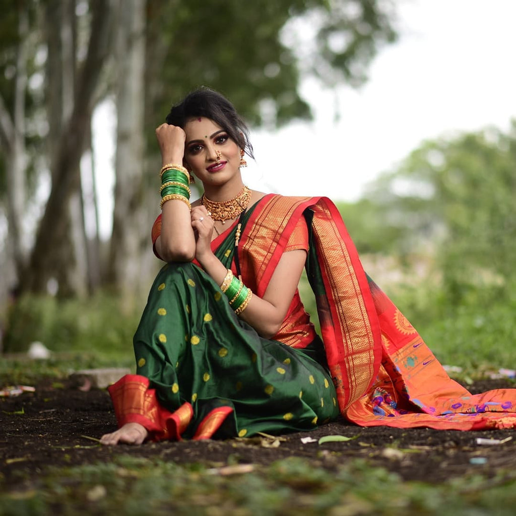 Prettiest Green Paithani Silk Saree With Ethnic Blouse Piece Shriji