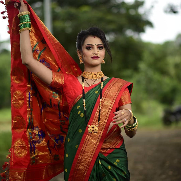 Prettiest Green Paithani Silk Saree With Ethnic Blouse Piece Shriji