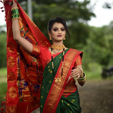 Load image into Gallery viewer, Prettiest Green Paithani Silk Saree With Ethnic Blouse Piece Shriji