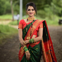 Load image into Gallery viewer, Prettiest Green Paithani Silk Saree With Ethnic Blouse Piece Shriji