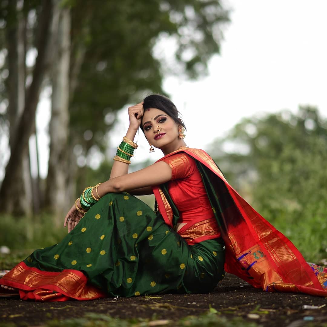 Green Saree in Paithani Silk for Women - Clothsvilla