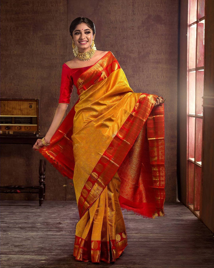 Yellow and Orange Georgette Dual Tone Saree with Foil Print