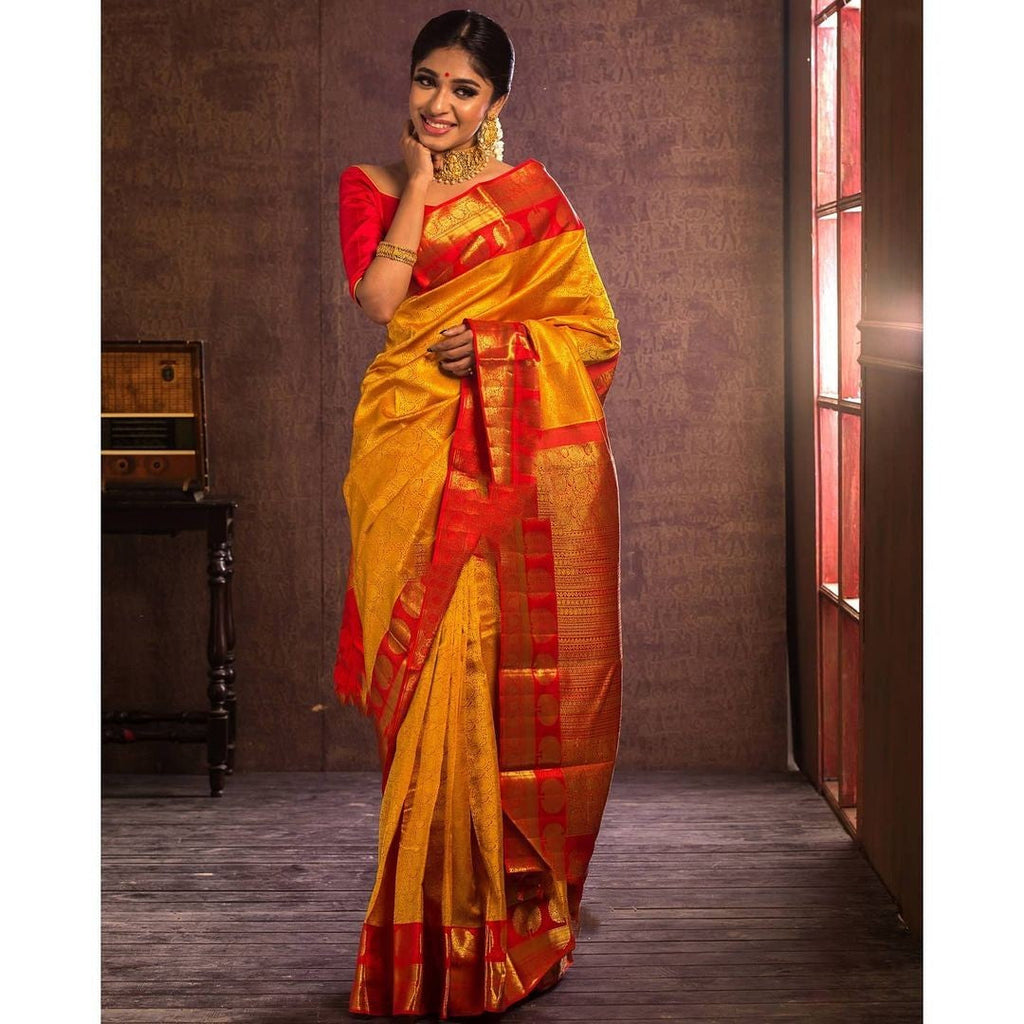 Lassitude Yellow Soft Banarasi Silk Saree With Flattering Blouse Piece Shriji