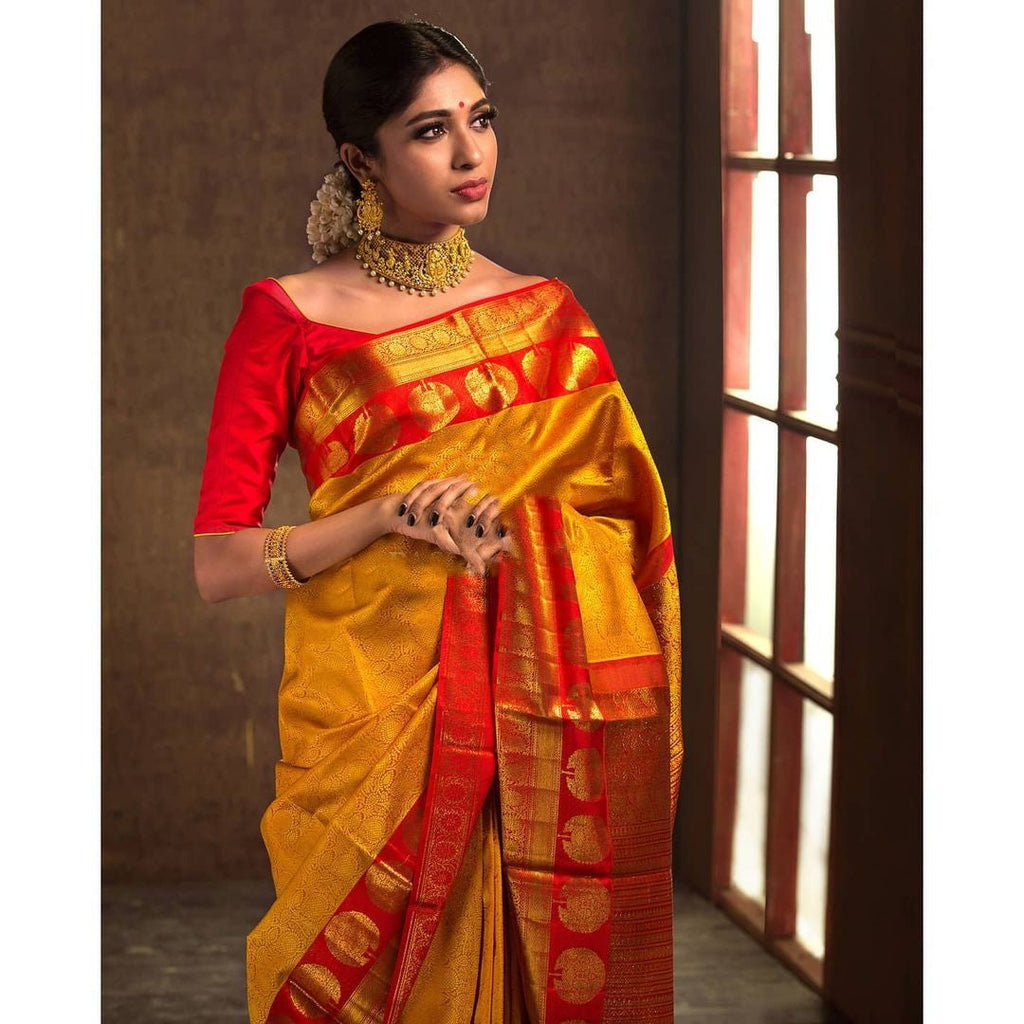 Lassitude Yellow Soft Banarasi Silk Saree With Flattering Blouse Piece Shriji